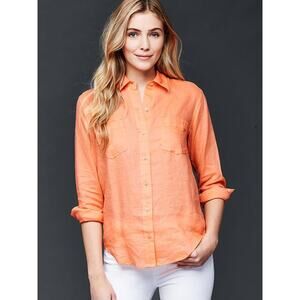 Gap 100% linen hot coral sz XS boyfriend double pocket button up top NWOT career